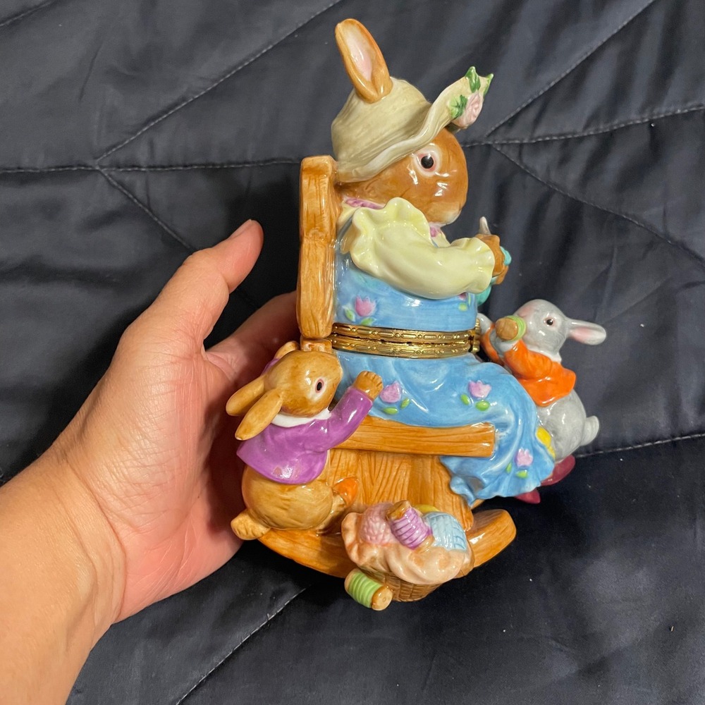 CWC Ceramic Bunny Family Rocking Chair Hinged Trinket Box Mother Rabbit Figurine